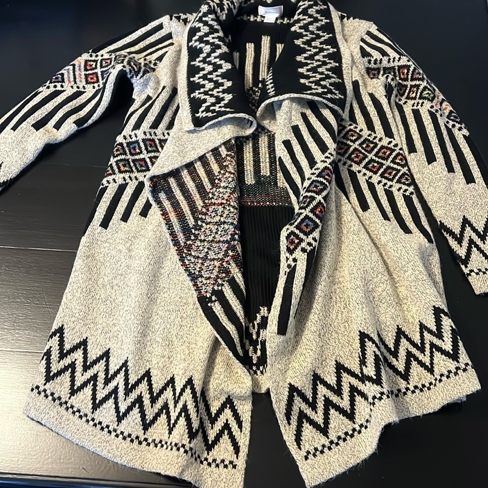 Karmana Womens Geometric Tribal Print‎ Open Front Cardigan Sweater Black White S